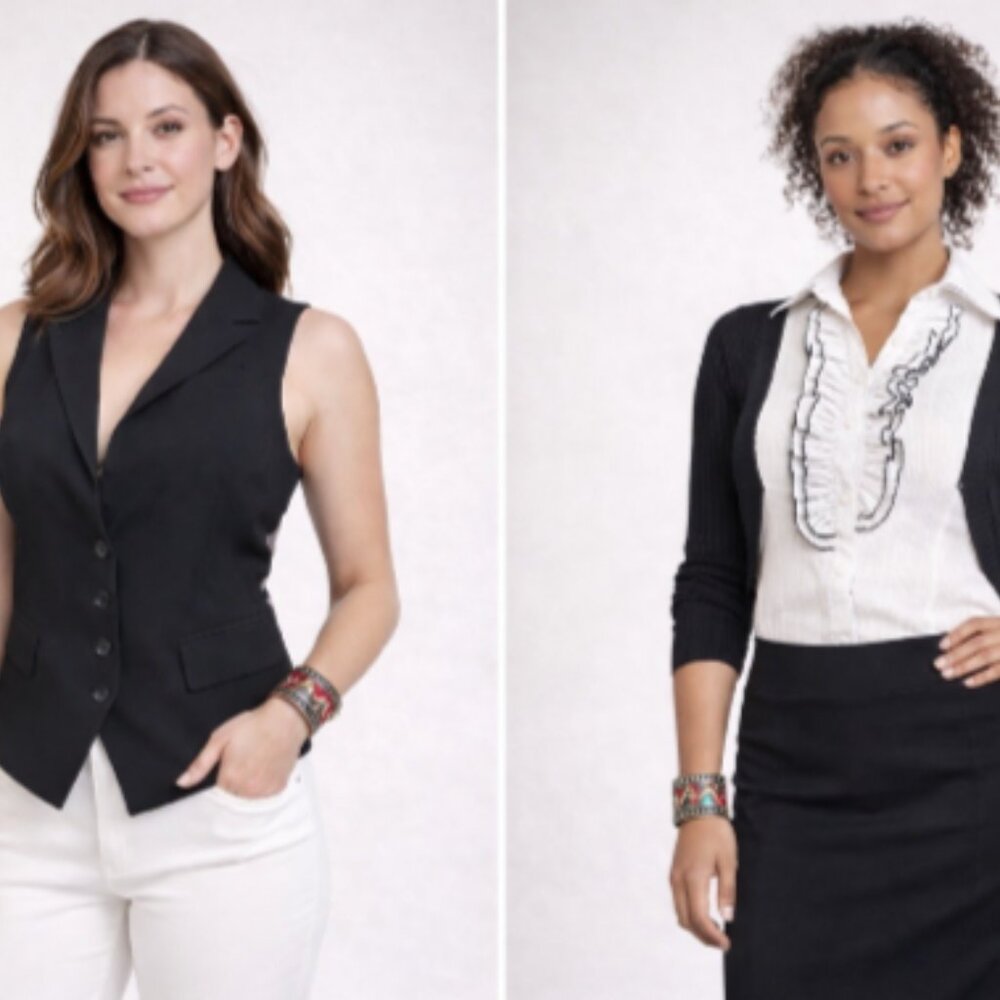 bebe Ruffle Shirt + Tailored Vest Black/White + Silver /Coral Bracelet (Bundle)